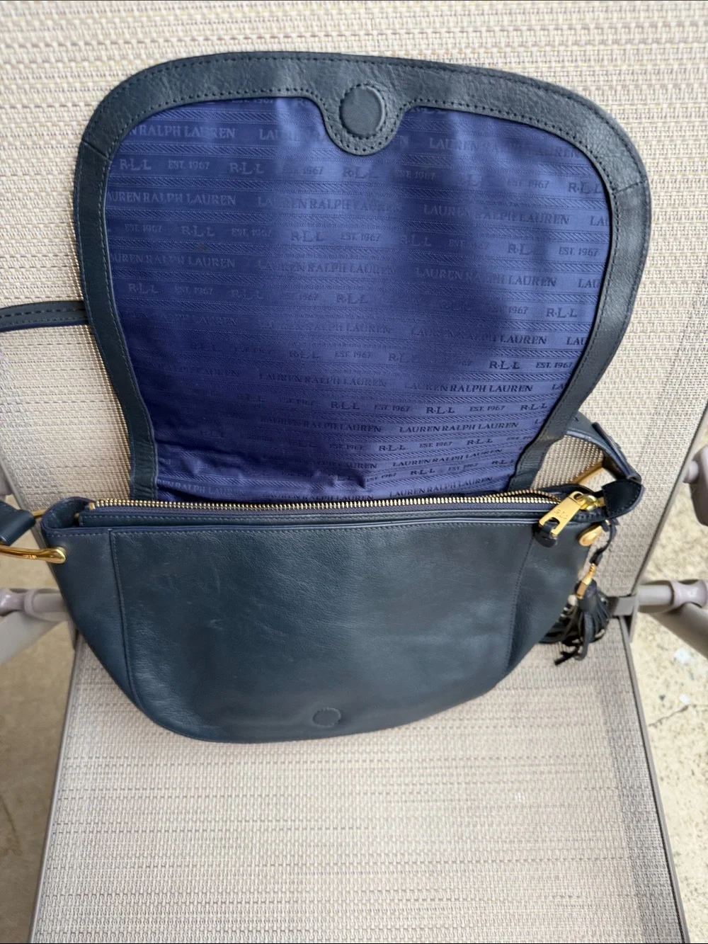 Lauren Ralph Lauren Ashfield Amari Saddle Leather Tassel bag Navy gold grommet